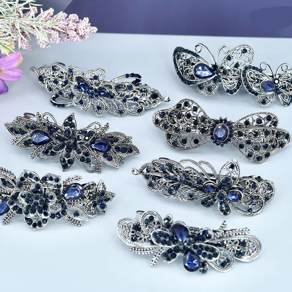 HGT182 Wholesale Fashion Blue Crystal Butterfly Barrette Women Flower Hair Clip