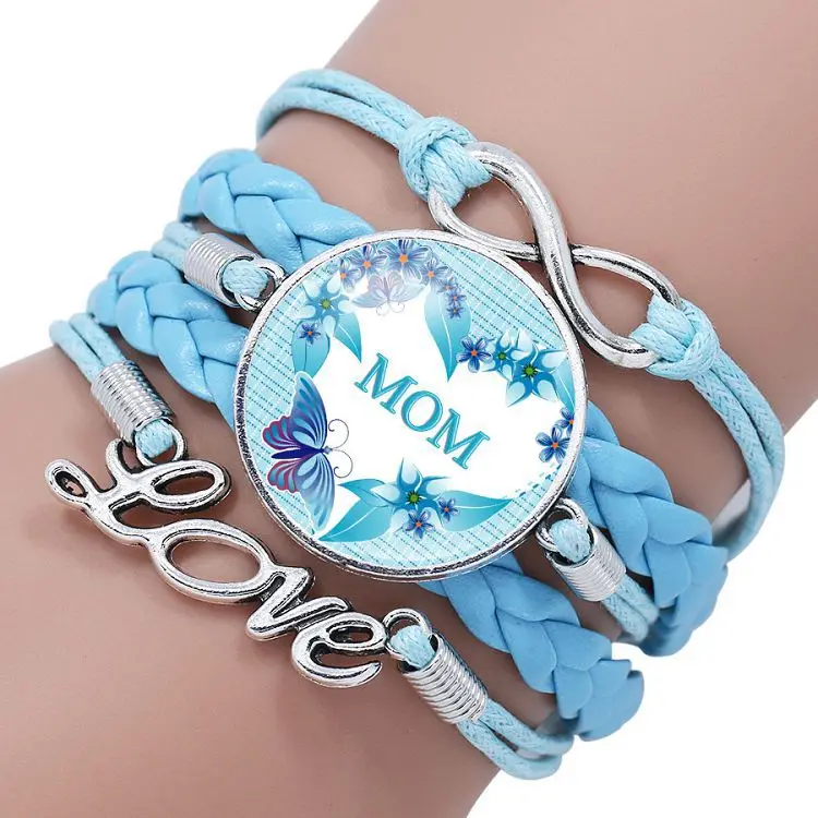 

wholesale family mother letter mom time gem bracelet multi-layer woven leather bracelet