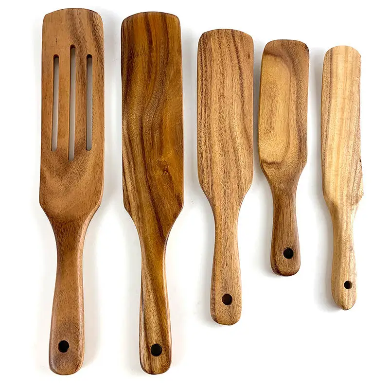 

5 Piece Natural Teak Wood Cooking Spoons Wooden Spurtles Set Kitchen Utensils