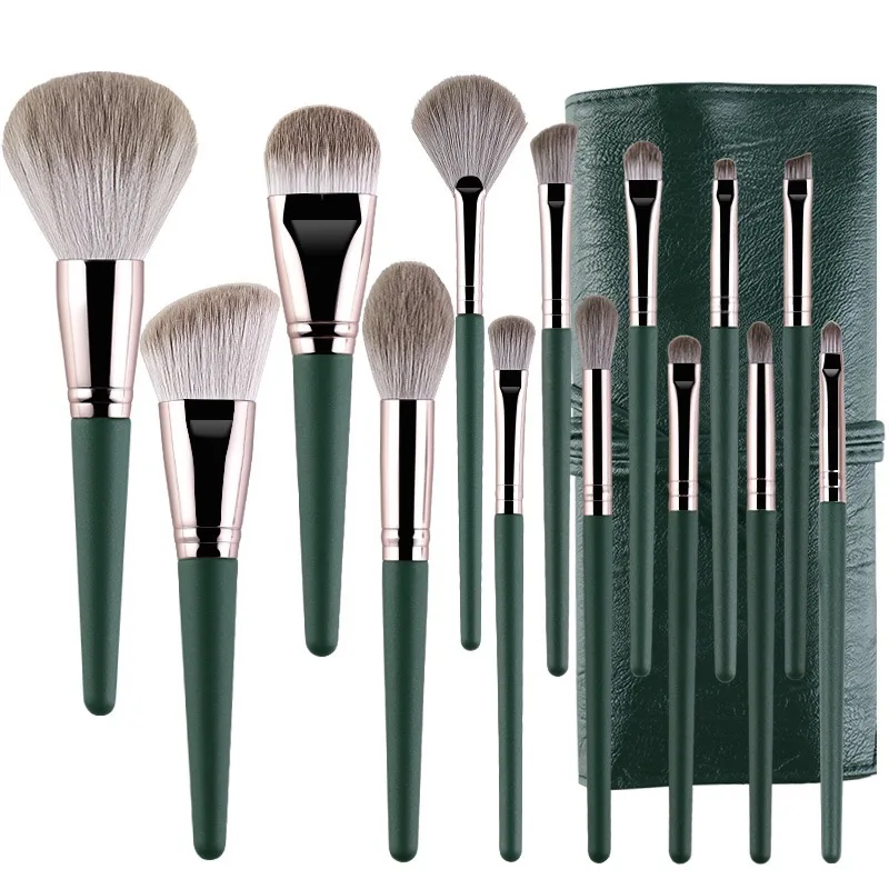 

Free Sample New 14PCS Beauty brush in 2020 Soft Synthetic Hair Eyeshadow/powder cosmetic makeup brush set custom logo Brochas, Deep green