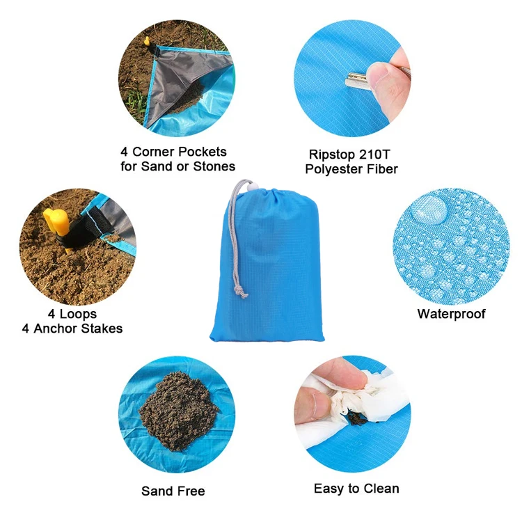 BSCI Audit Manufacturer Oversized Quick Drying Portable Waterproof Nylon Outdoor Light Weighted Sand Proof Beach Blanket