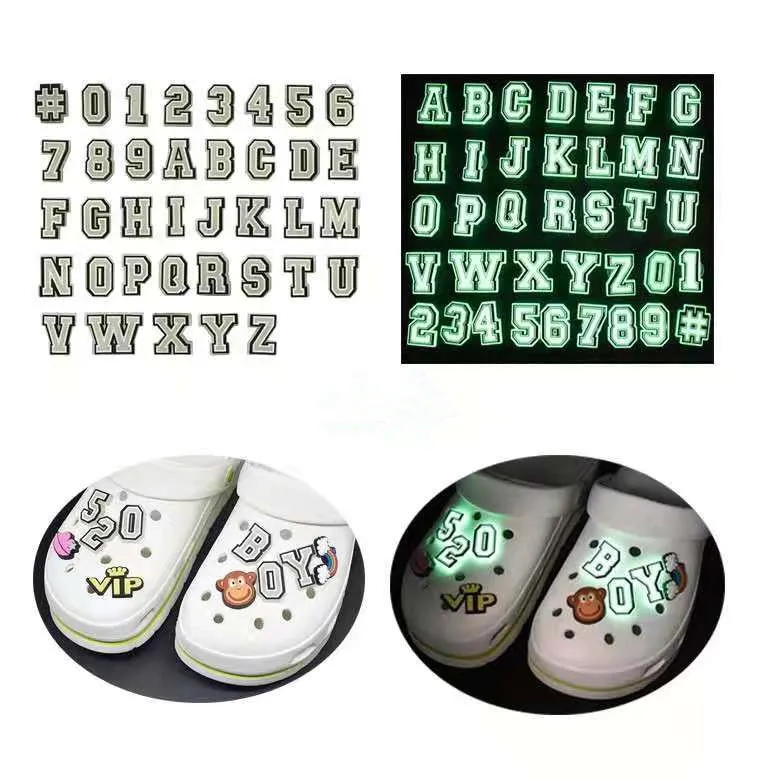 

Hot sale PVC Alphabet letters numbers glow Kids Clog Charms light up shoes decoration for croc shoe