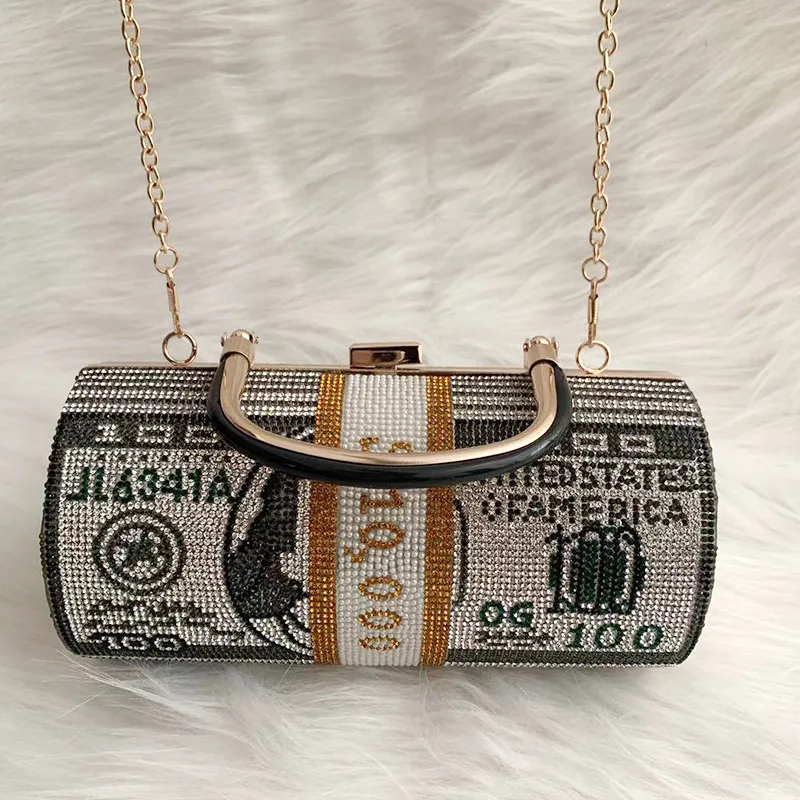 

2021 Designer Ladies Fashion Full Beaded Diamond Rhinestone Purse Ladies Silver Us Dollar Diamond Cylinder Bag, 3colors