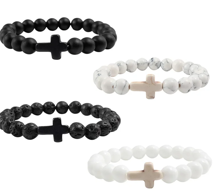 

Charming Natural Stone Bracelet Black Lava Stone Cross Bracelet for Women