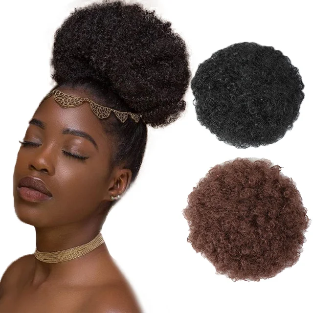 

Wholesale High Afro Puff Hair Bun Ponytail Drawstring Short Afro Kinky Pony Tail Clip in on Synthetic Curly Buns Hair Puff Bun, Customized colors