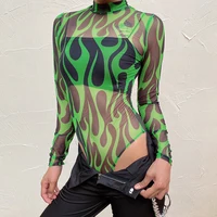 

Latest Fashion Long Sleeve Mock Neck Fire Women Printed Transparent Mesh Jumpsuit