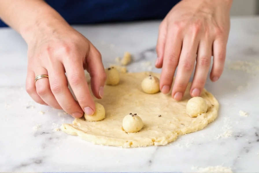 Hands shaping anise cookie dough balls on a marble countertop with anise seeds visible in the dough