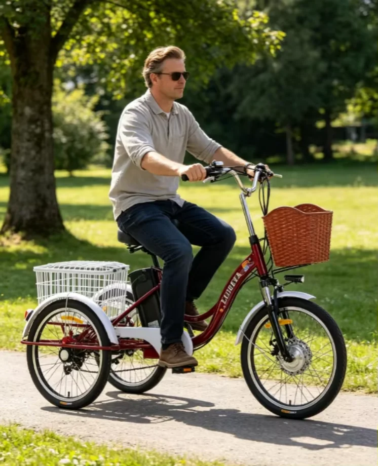 Adult 3 Wheel Electric Tricycle Lithium Battery 12A 350W 24 Inch Pull Basket 7-Speed Carbon Steel Frame Disc Brakes Front Hub