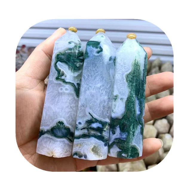 

New arrivals healing crystals tower natural moss agate point crystal wand for sale
