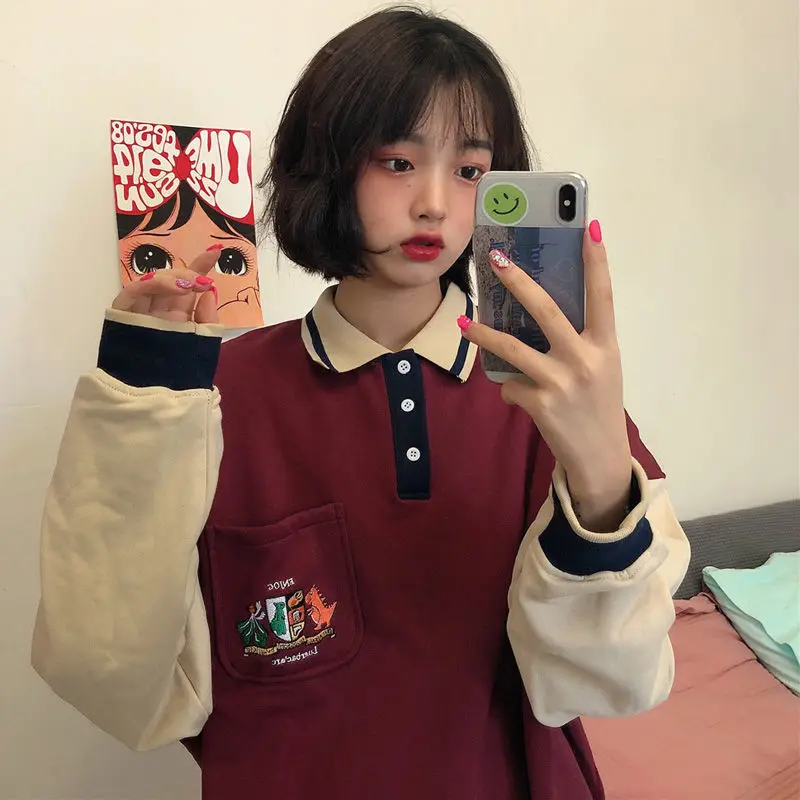 

Women Sweetshirts Kawaii Harajuku Oversize Autumn Pullovers Vintage Korean Fashion Polo Collar Student Hoodie Patchwork, Red brown