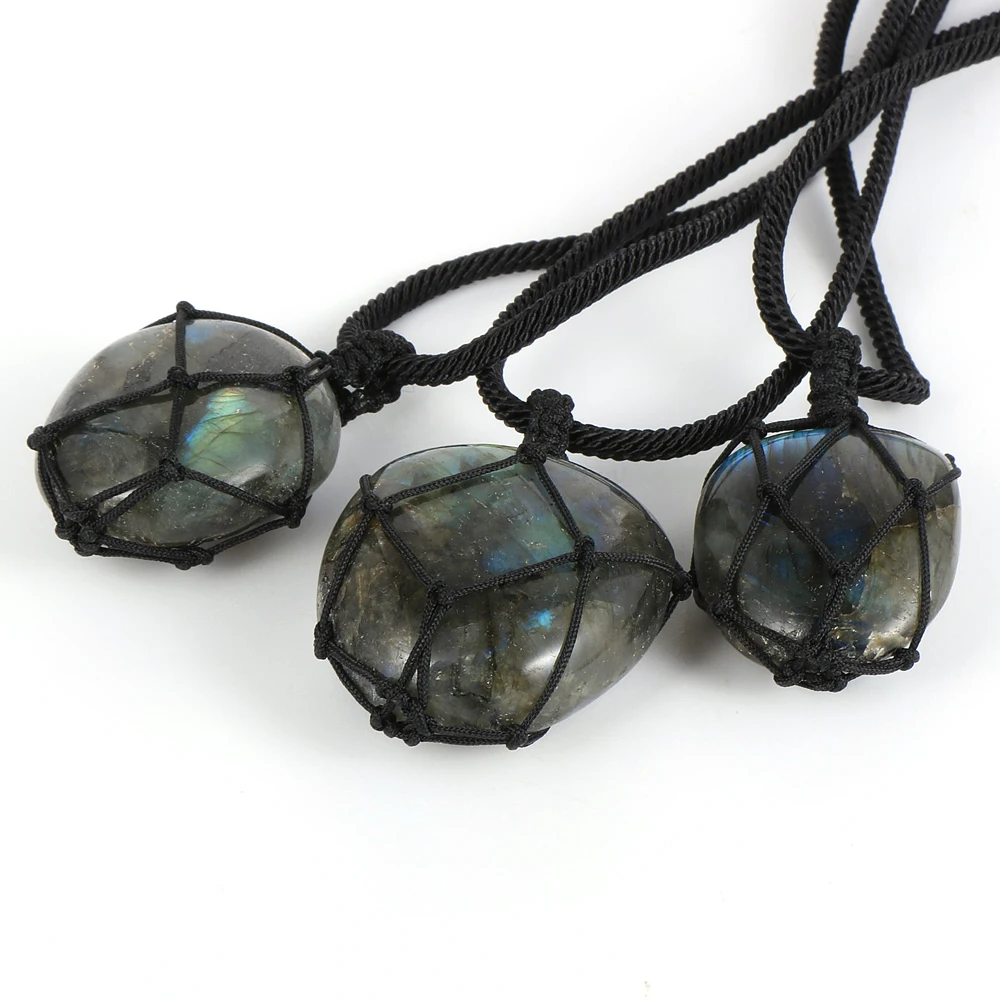 

Hot Sale Women Men Jewelry Irregular Handmade Wrap Crafts Natural Moon Stone Labradorite Pendant Necklace