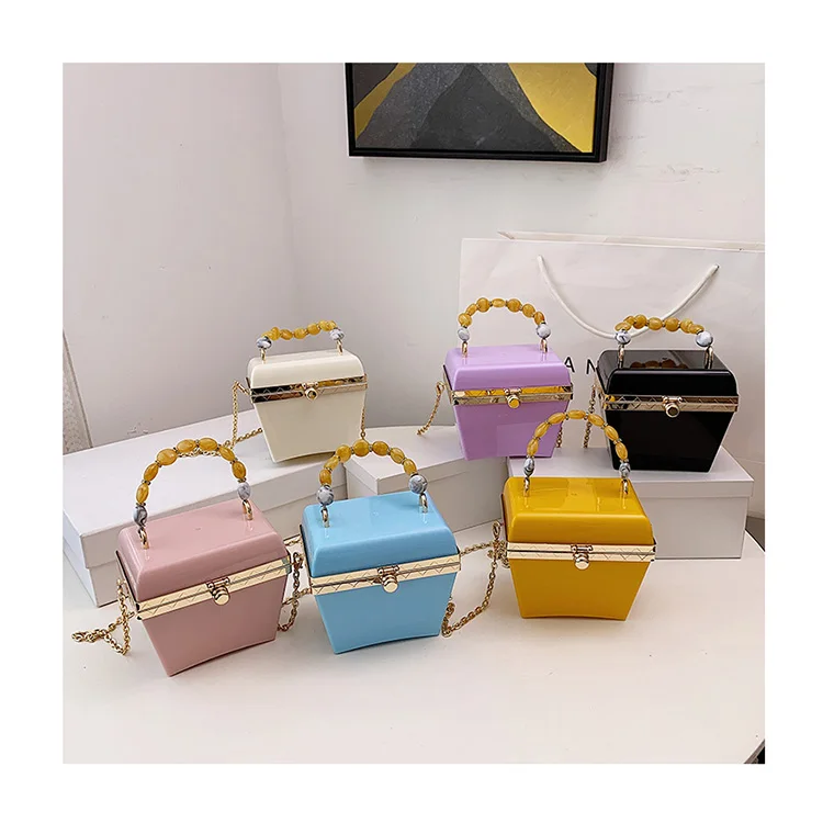 

New Summer Acrylic Box Evening Handbags Beading Handle Mini Cute Chain Crossbody Bags Luxury PVC Purses Party Hand Bags Bolsas