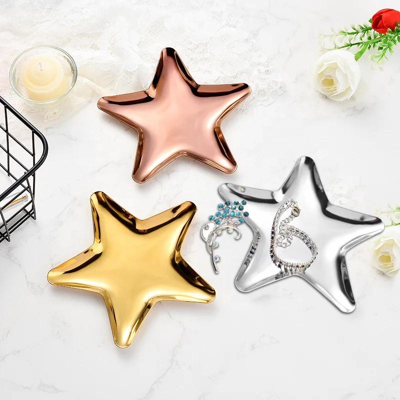 

Colorful Metal Stainless Steel Storage Mirror Tray Star Shape Fruit Plate Small Items Jewelry Display Tray Dessert Dish Decor