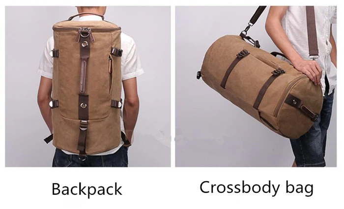Casual Men Canvas Large Capacity Barrel Backpack Sport Outdoor Rucksack Bag