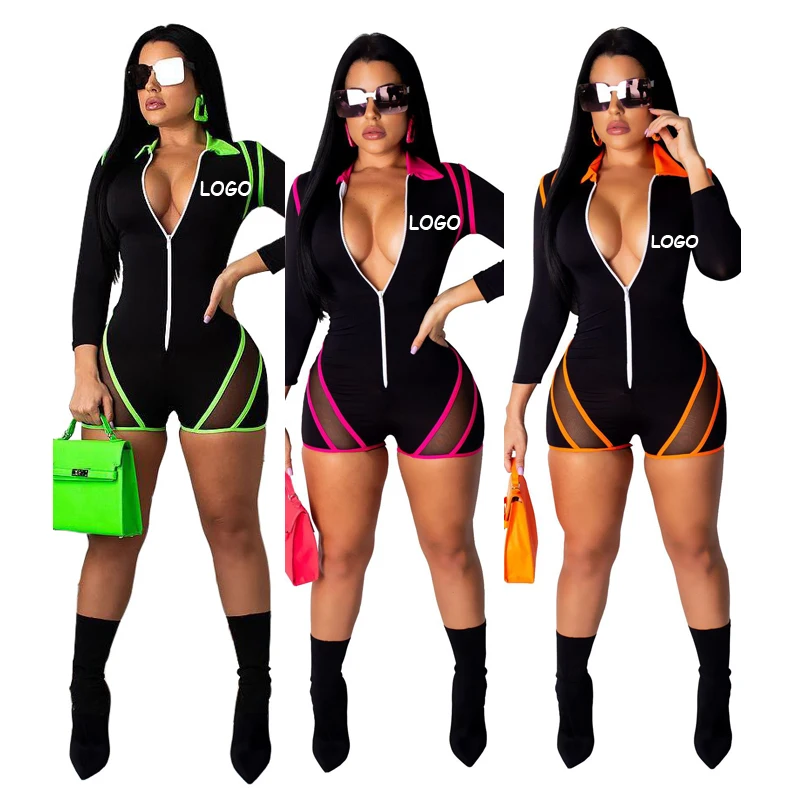 

Free Shipping Fluorescent color zipper splicing sports Net yarn one piece jumpsuits women, Customized color