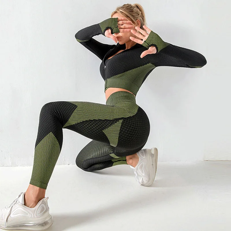 

Seamless Women Yoga Sets Workout Running Gym Sport Clothes Long Sleeve Fitness Suit Sportswear Breathable Fitness, 10 colors, as picture shown