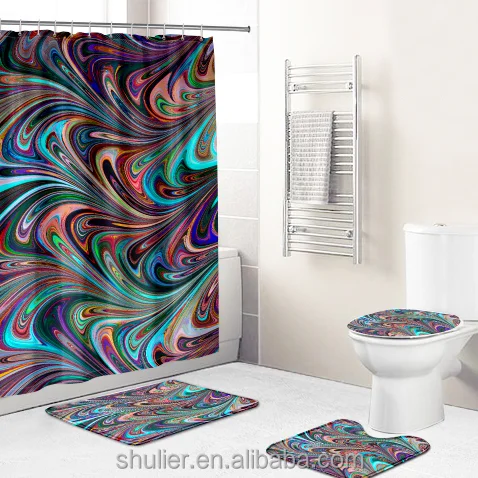 

Marble texture design Modern style Tropical leaf pattern high-end luxury shower curtain digital custom 4pcs bathroom