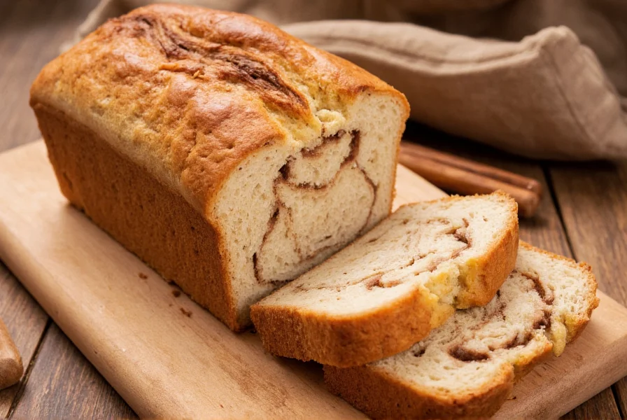 Vintage-style cinnamon bread loaf with visible swirl pattern, golden brown crust, sliced on wooden cutting board
