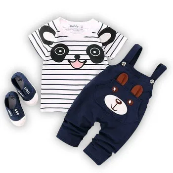 

2pcs Toddler Kids Baby Boys Striped Short Sleeved T-shirt+panda Straps Pants Summer Children Clothing Set, Picture