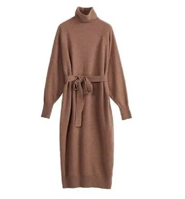 

High Collar Lazy Style Girl Autumn Winter Bottom Knitted Wool Skirt Over Knee Dress