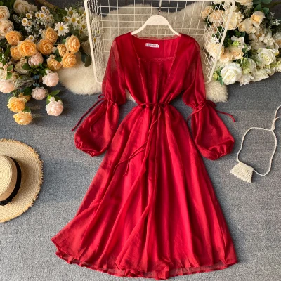 

French Girls's Dress 2020 Latest Lace Square Collar Maxi Dress