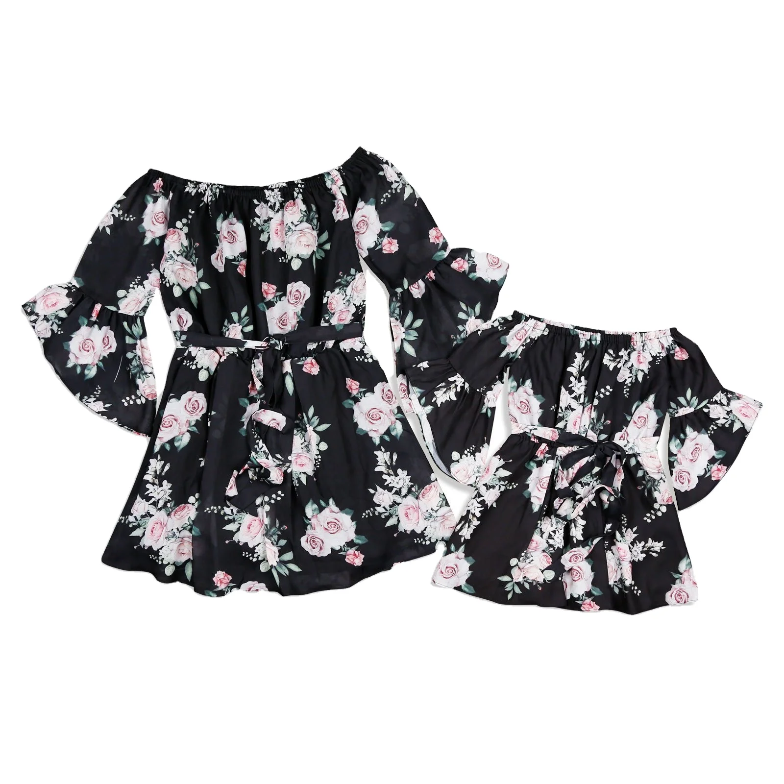 
2020 new European and American explosion models mother and daughter parent child dress word shoulder print ruffle dress  (1600078086338)