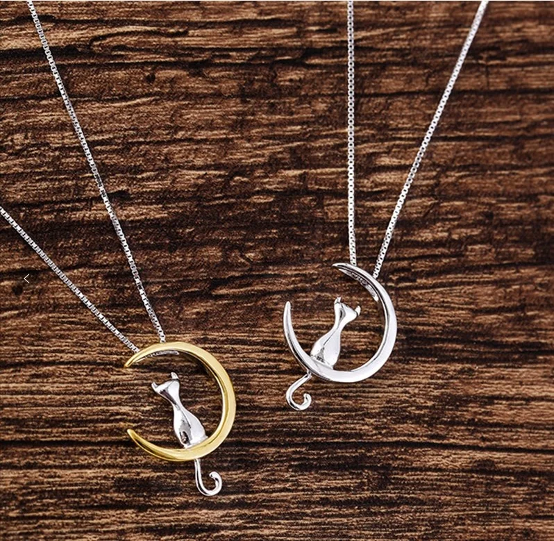 

Fashion Cute Animal Cat Moon Pendant Necklaces Charm Gold Silver Color Box Chain Necklace Kitten Pet Lucky Jewelry For Women