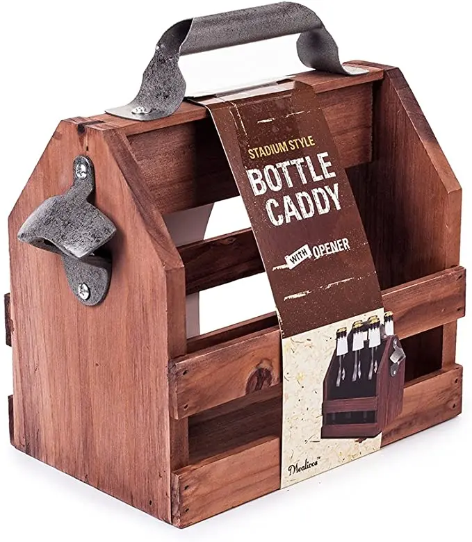 

Wooden Bottle Caddy/ 6-Pack Beer Carrier with Built-In Metal Bottle Opener, Natural or customized