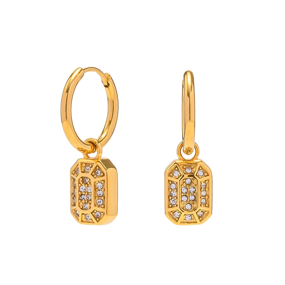 

Bling Bling Rhinestone Hoop Earrings 18k PVD Gold Plated Stainless Steel Square Zircon Inlaid Pendant Earring For Women