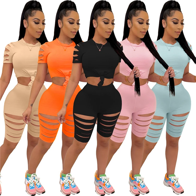 

Trendy Casual Ladies Clothes Crop Tops Short Pants Cut Out Summer Women Two Piece Set, Picture shown