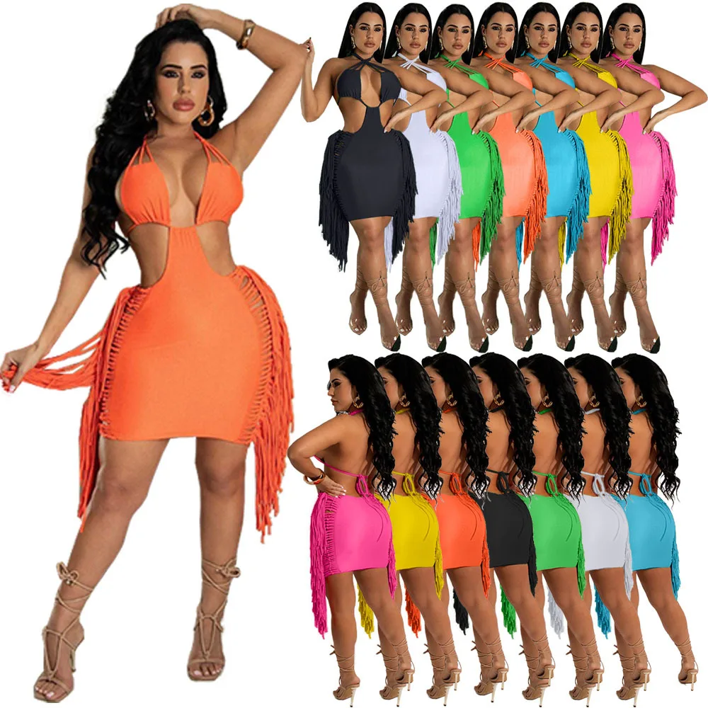 

Trendy Deep V-neck Club Sexy Wears Solid Hollow Out Bandage Side Tassel Dress Halter Backless Bodycon Mini Dress Woman, As picture