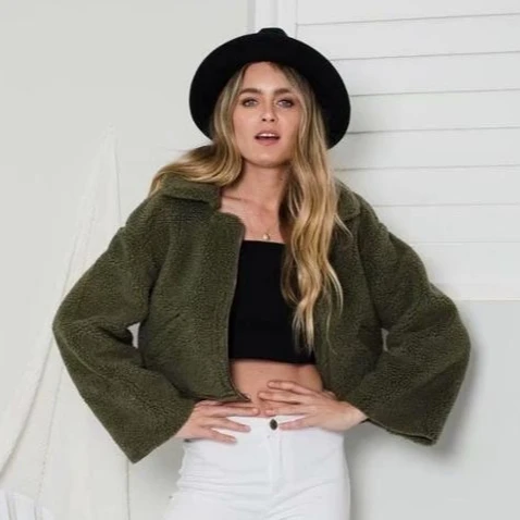

Fashion design faux shearling sheepskin ladies crops jacket with zipper
