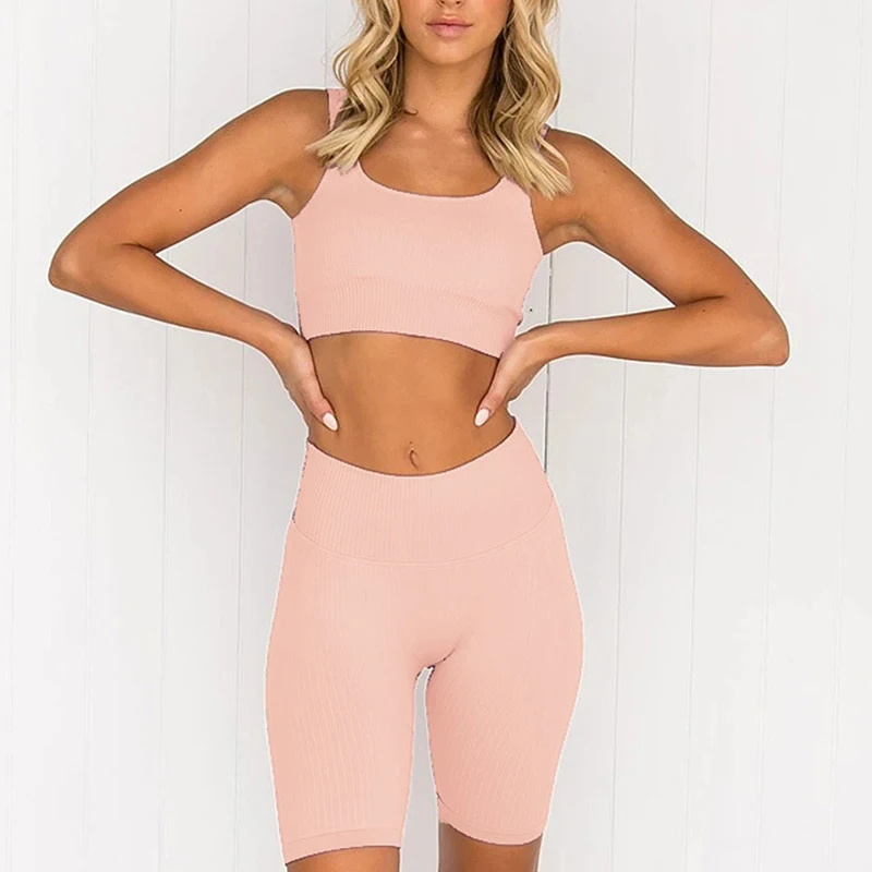 

Custom Logo Seamless Spandex Summer Woman Gym Yoga Short Set Clothes