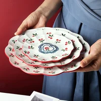 

Original 6 8 10 inch hand-painted cherry cute lace plate domestic ceramic wester flat plate tray dessert dish