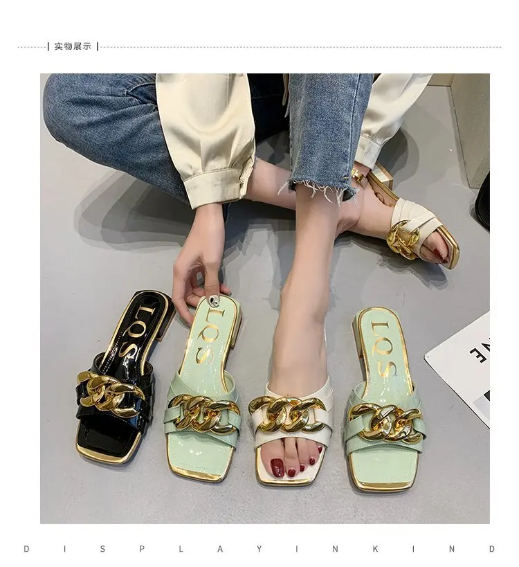 

New arrival drop shipping hot selling women fashion metal chain flat slippers platform sandals for ladies, Customized color