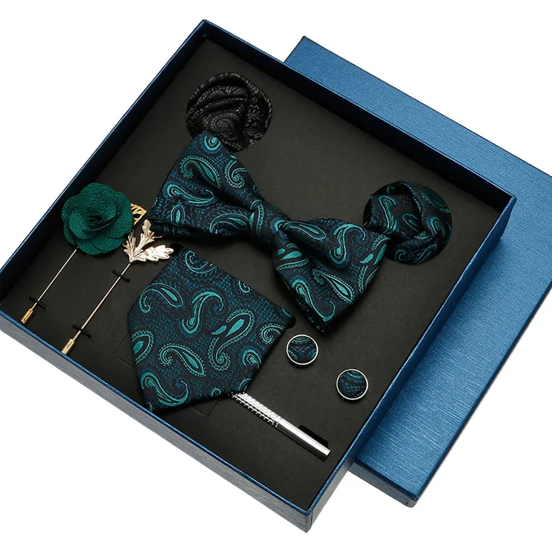 

Silk Floral Men's Tie Set Gift Box Fashion Brand Man Bowtie Set And Handkerchief Brooch Cufflinks Necktie Suit For Party Wedding