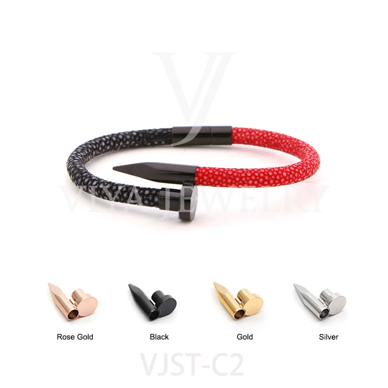 

High Polished Stainless Steel Nail Design Bracelet Genuine Stingray/ Python Leather Mixed Color Bangle Unisex Desgin