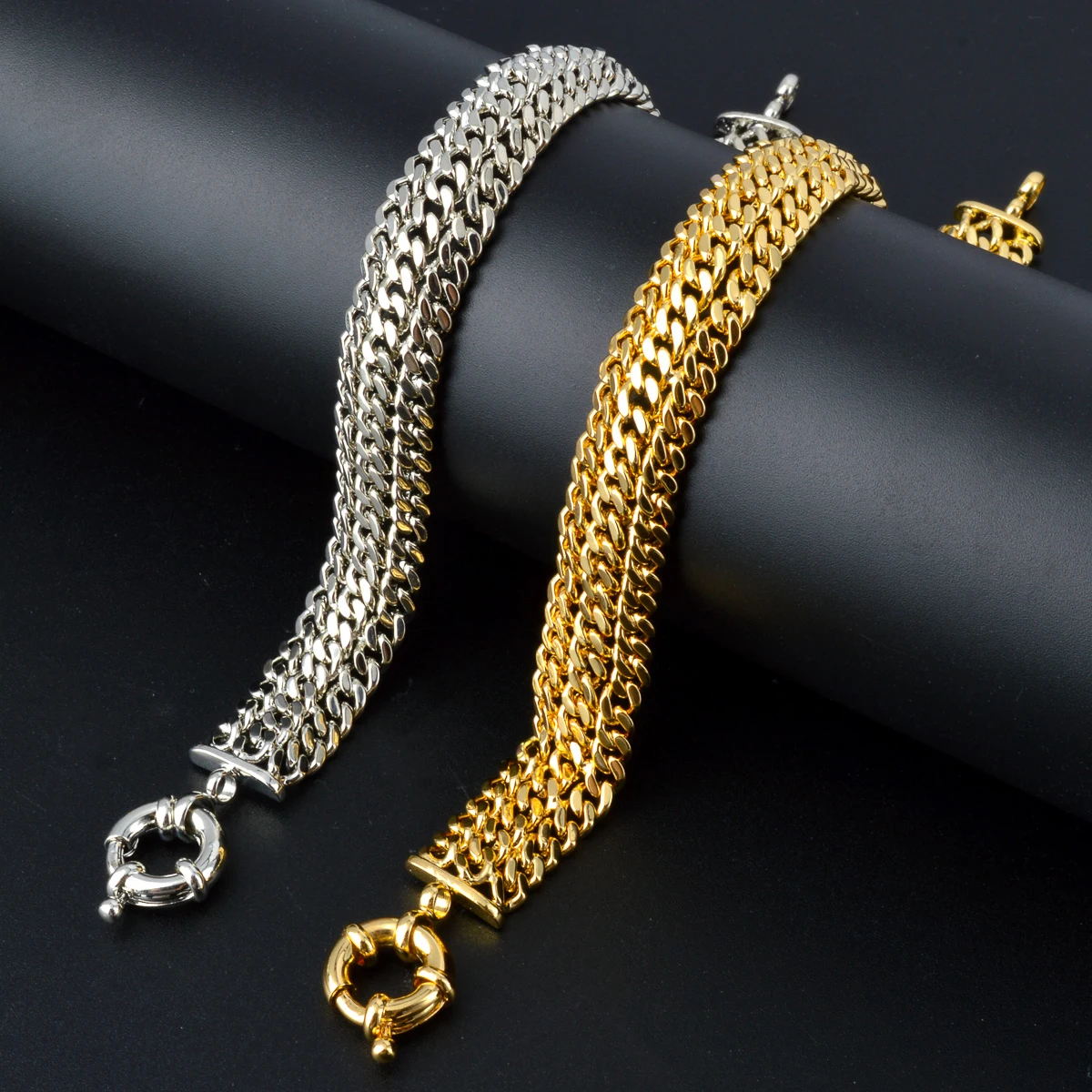 

Wholesale HipHop Sliver 18k Gold plated three Layer copper fred bracelet for women men