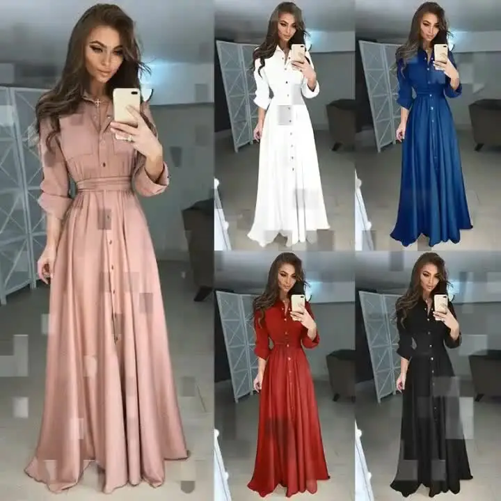 

S-5XL 2022 Hot Summer ladies elegant Wish Plus Size Women Slim Button Dress Shirt Long Sleeve Maxi Shirts Dress
