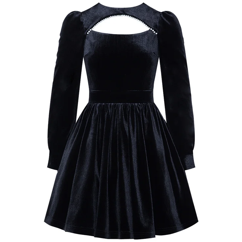 

Womens Sexy Velvet Long Sleeve Elegant Casual Loose Swing Dresses Mini Party Dress