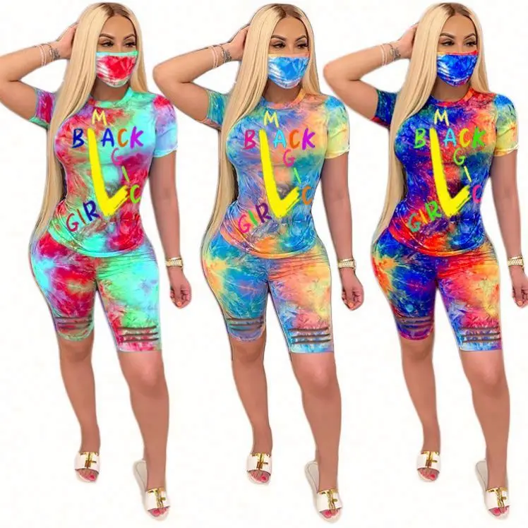 

Custom Logo Summer Tie Dye Letter Print Burn Out Outfits Pant Set Women Two Piece Shorts Set