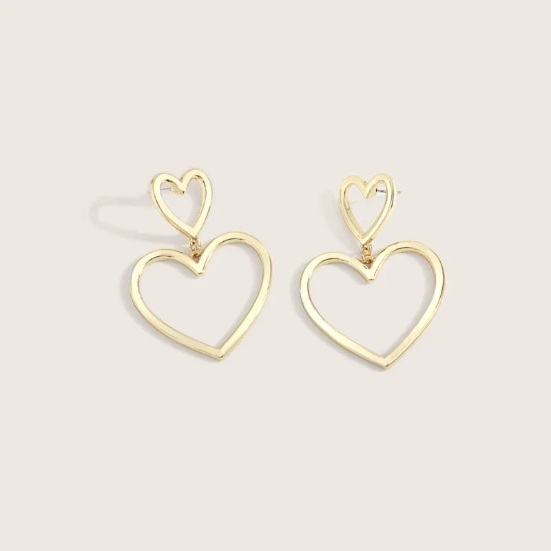 

Fashion Zinc Alloy Jewelry Dangle Earings Double Hearts Shaped Earrings With S925 Silver Stud, Golden