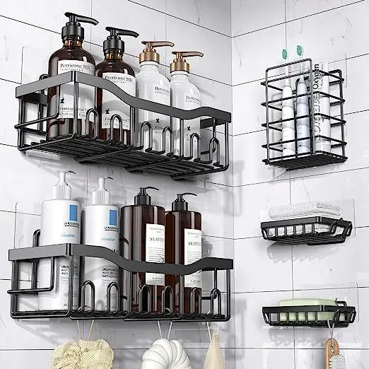 5-piece Set Wall Mounted Bathroom Shelf Black Iron Bathroom  Kitchen Shower Shelves Metal Self-adhesive Storage Rack