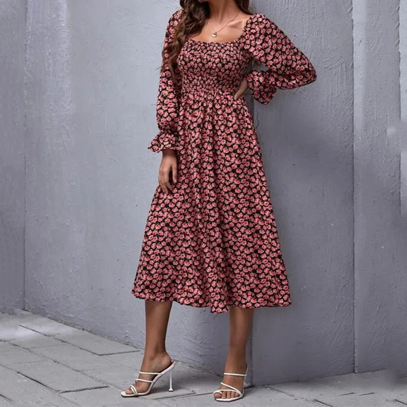 

Factory Floral Skirt Square Collar Long Flared Sleeve High Waist Stretch Casual Mid Length Dress For Women, Shown