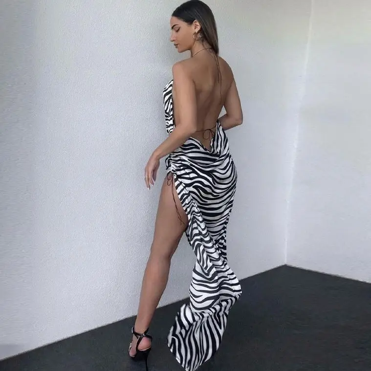 

X02709S Zebra Print Stripe Off Shoulder Maxi DressSexy Outfits for Woman Night Club Wear Ladies Bodycon Long Summer Dresses, Black