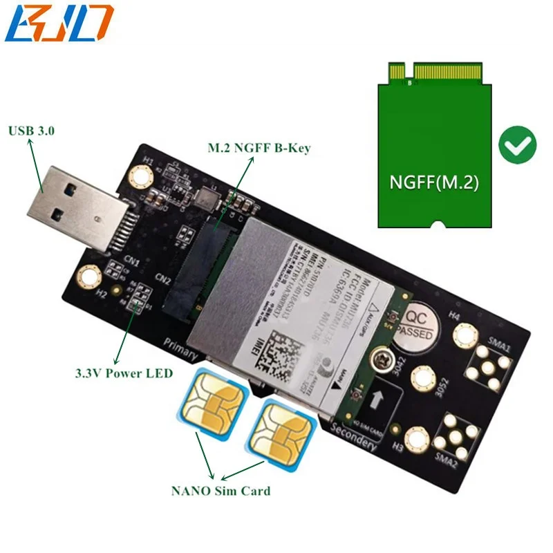 

5G 4G LTE Wireless Module NGFF M.2 B-Key to USB 3.0 Adapter Riser Card with Dual NANO SIM Card Slot in stock