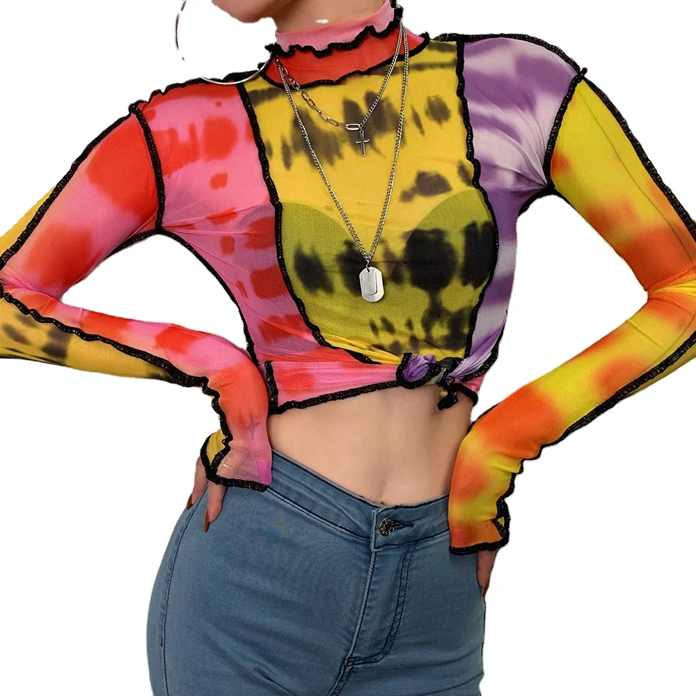 

Fashion Print Stitching Turtleneck Long Sleeved Wholesale Crop Top Shirts Women For Woman 2021, Picture