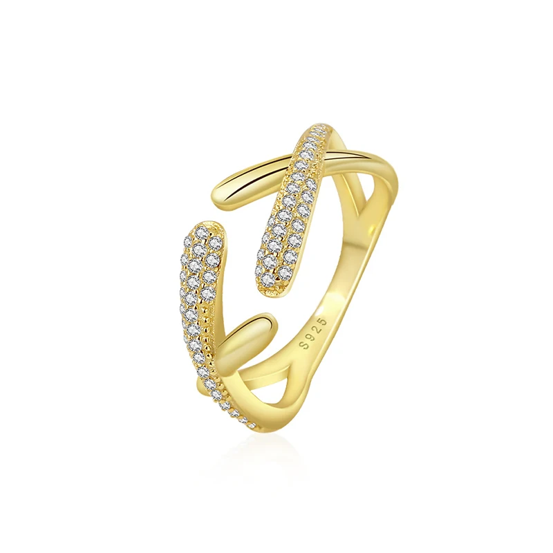 

Trendy Sterling Silver 925 18K Gold Plated Geometric Shape Zirconia Diamond Inset Open Rings for Women