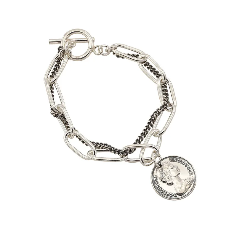 

Punk Bracelets Carved Coin Head Bracelet Bangle Bohemian Circle Queen Thick Chain Tassel Pendant Bracelet Women Jewelry, Sliver,gold