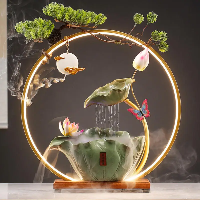 

Lotus Ceramic Water Fountain Creative Home Decor Office Desktop Lucky Ornament with Waterfall Curtain and LED Light